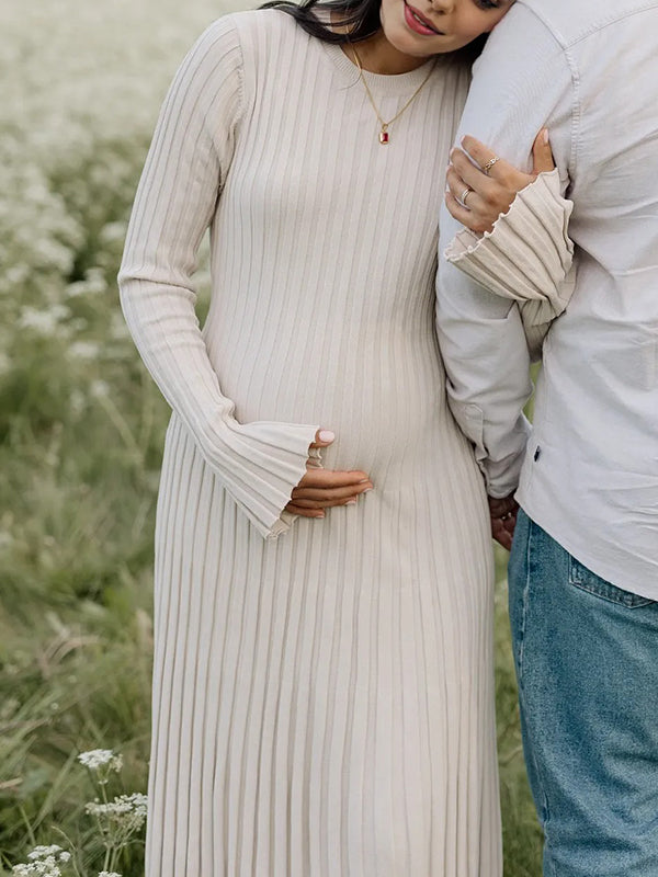 Momsmood Solid Color Sashes Knit Lace-up High Waist Going Out Photoshoot Maternity Sweater Maxi Dress