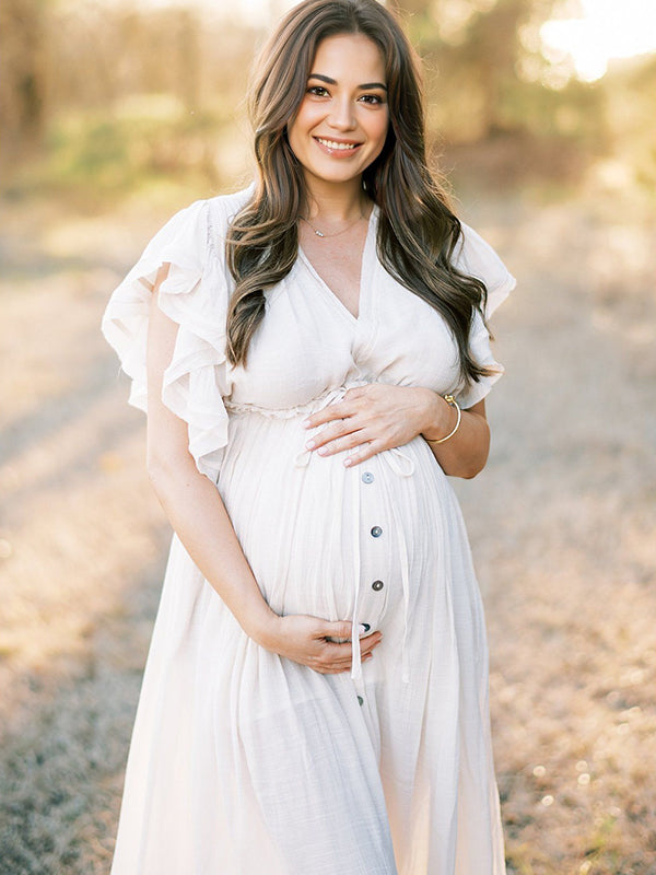 Momsmood White Deep V Neck Button Down Boho Beach Bikini Cover Up Dress Party Photoshoot Maternity Dress