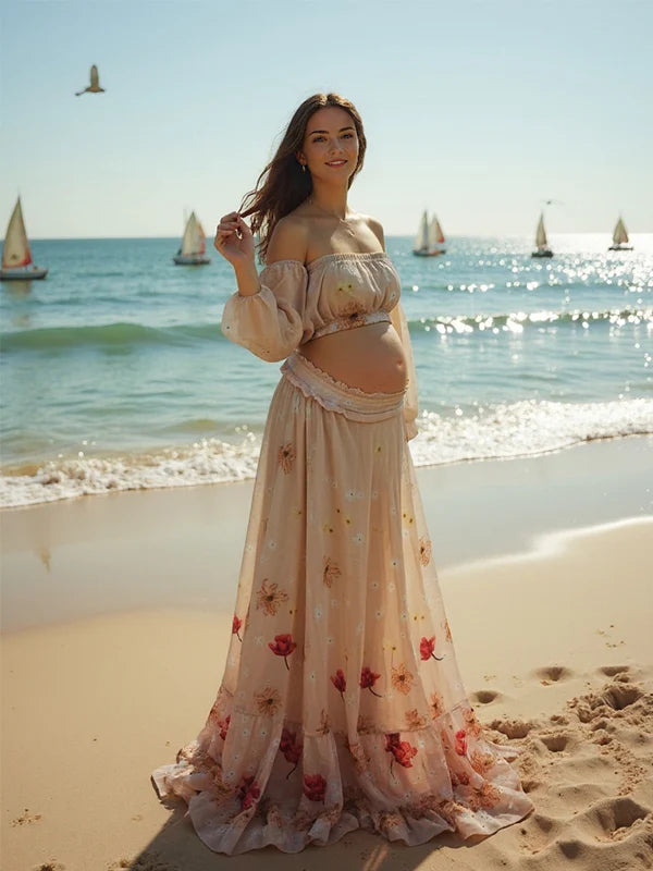 Momsmood Two Piece Boho Flower Embroidery Boho Off Shoulder Grenadine Crop Bandeau Photoshoot Maternity Maxi Dress