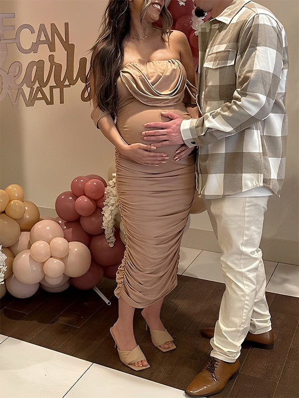Momsmood Khaki Ruched Off Shoulder Belly Friendly Baby Shower Club Party Tube Bodycon Maternity Midi Dress