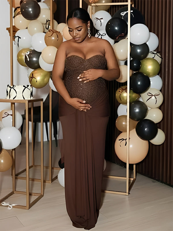 Momsmood Sequin Bandeau Ruched Knot Draped Bodycon Maternity Maxi Dress