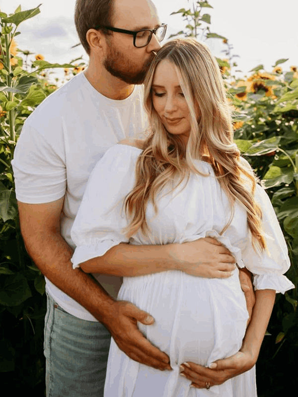 Momsmood Solid Color Off Shoulder Backless Ruffle Crop Side Slit 2-in-1 Photoshoot Maternity Maxi Dress