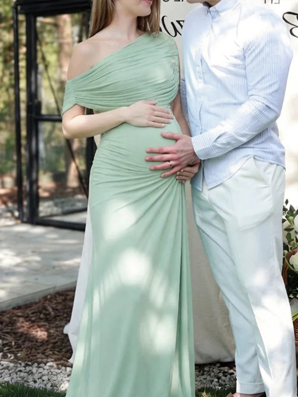 Green Oblique Shoulder Ruched Bodycon Backless Maternity Maxi Dress