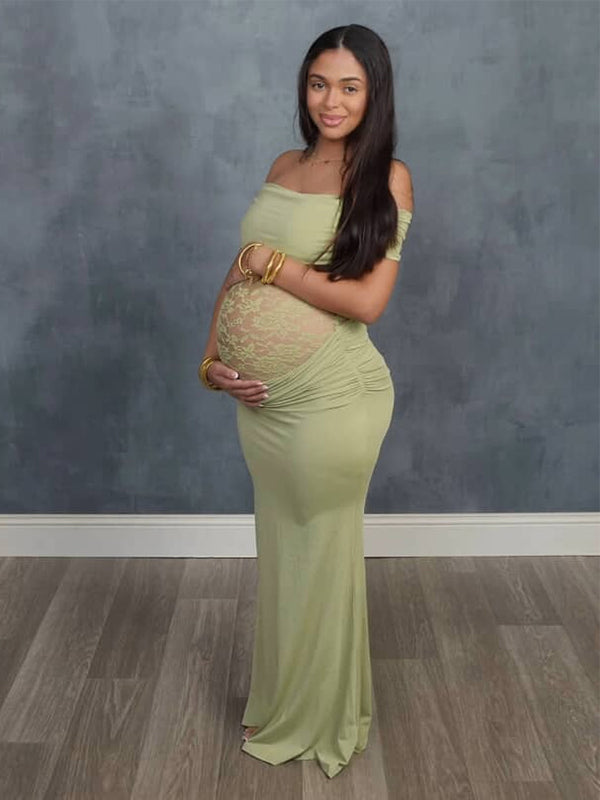 Momsmood Green Off Shoulder Lace Sheer Splicing Ruched Baby Shower Maternity Maxi Dress