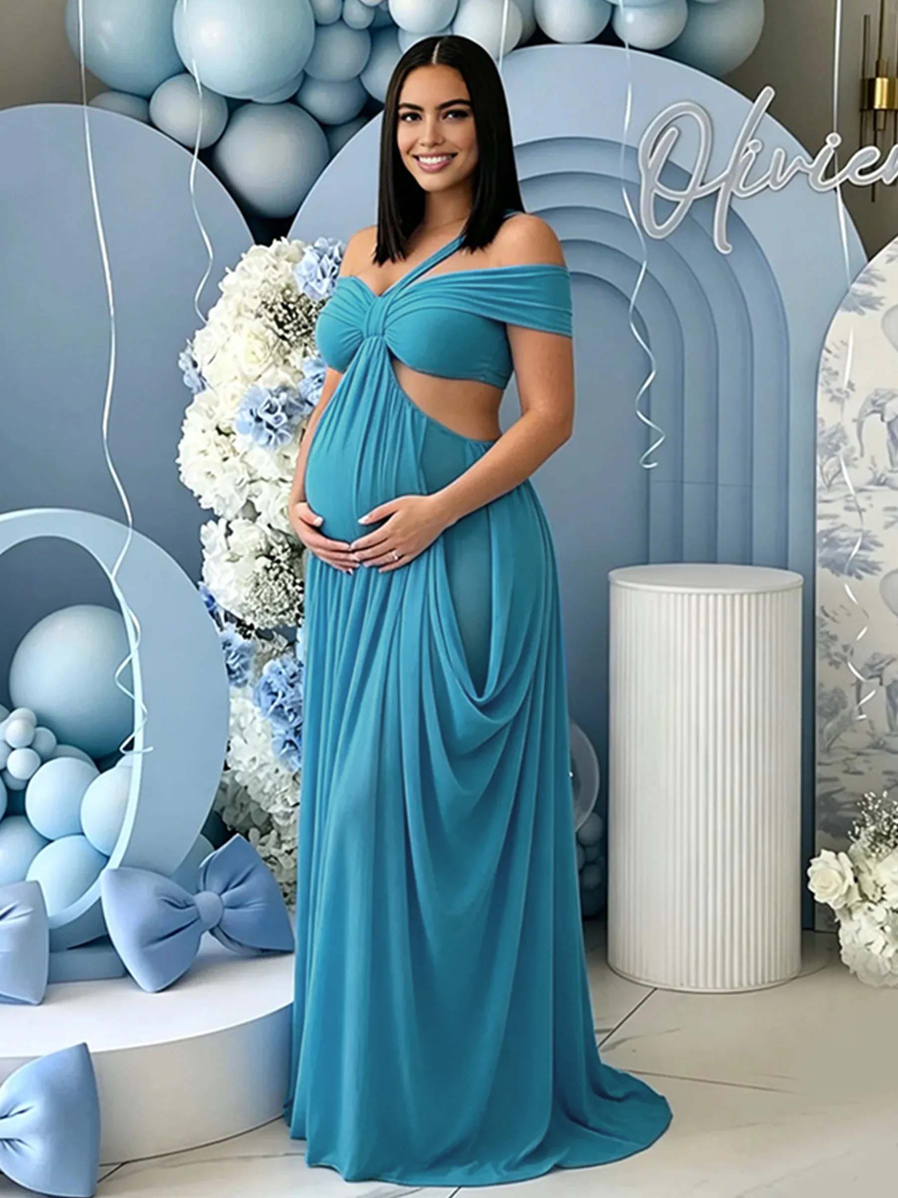 Off Shoulder Sheer Ruffle Waist Cutout Maternity Maxi Dress