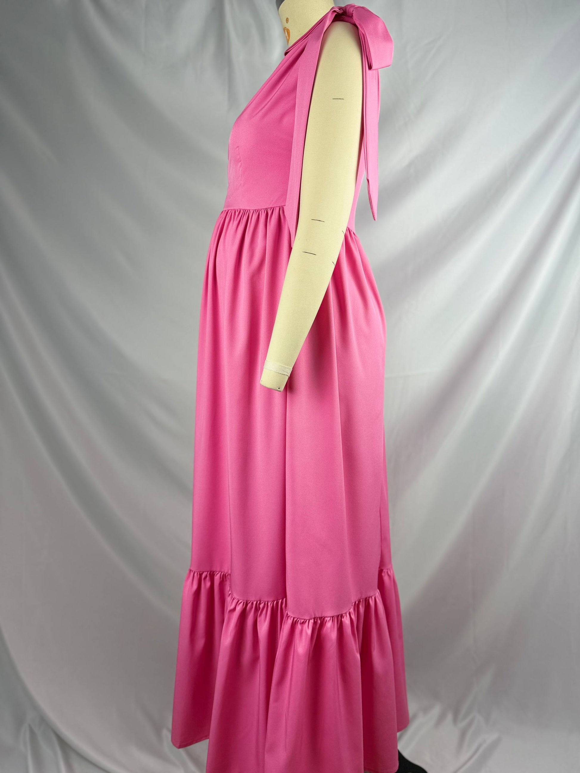 Momsmood Pink V neck Lace-up Open Back  Banquet Party Baby Shower Maternity Photoshoot Maxi Dress