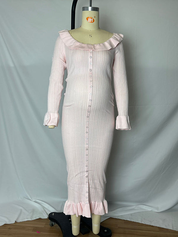 Momsmood Pink Knit Falbala Ruffle Hem Single Breasted Flare Sleeve Bodycon Elegant Hoing Out Maternity Babyshower Maxi Sweater Dress