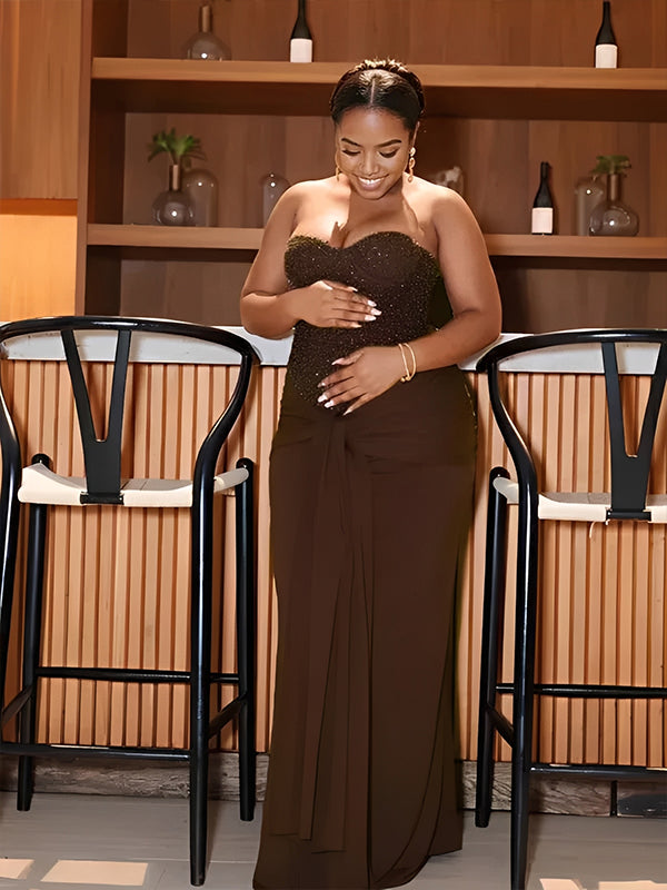 Momsmood Sequin Bandeau Ruched Knot Draped Bodycon Maternity Maxi Dress