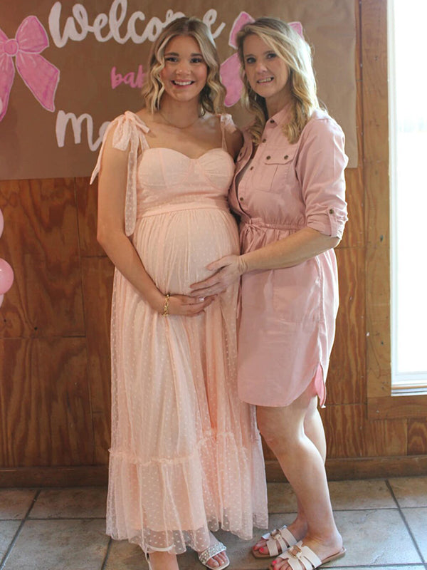 Momsmood Light Pink Polka Dot Bow Ruffle Falbala Tie-Shoulder A-line Tulle Princess Dress Elegant Maternity Photoshoot Baby Shower Maxi Dress