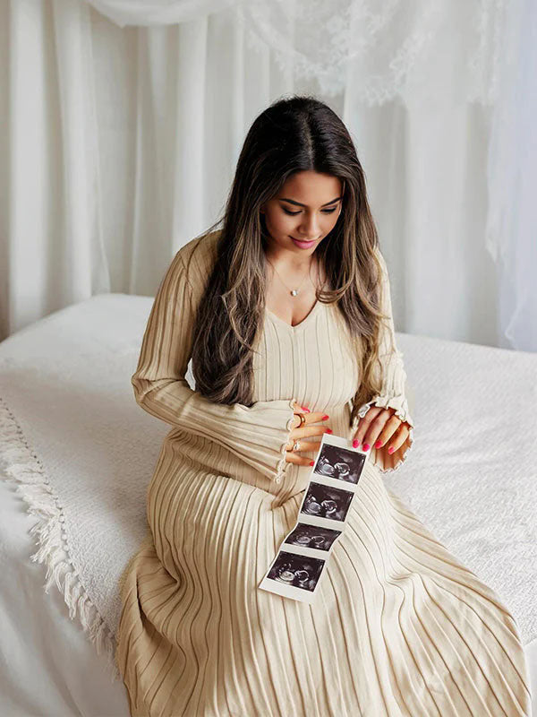 Momsmood Knit Pleated Big Swing V-neck Plus Size Sweater Elegant Going Out Maternity Photoshoot Baby Shower Maxi Dress