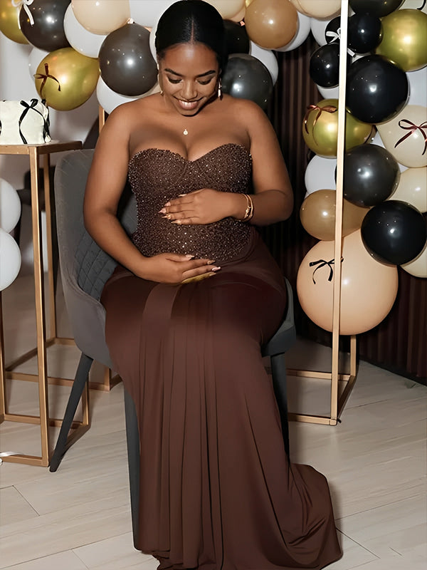 Momsmood Sequin Bandeau Ruched Knot Draped Bodycon Maternity Maxi Dress