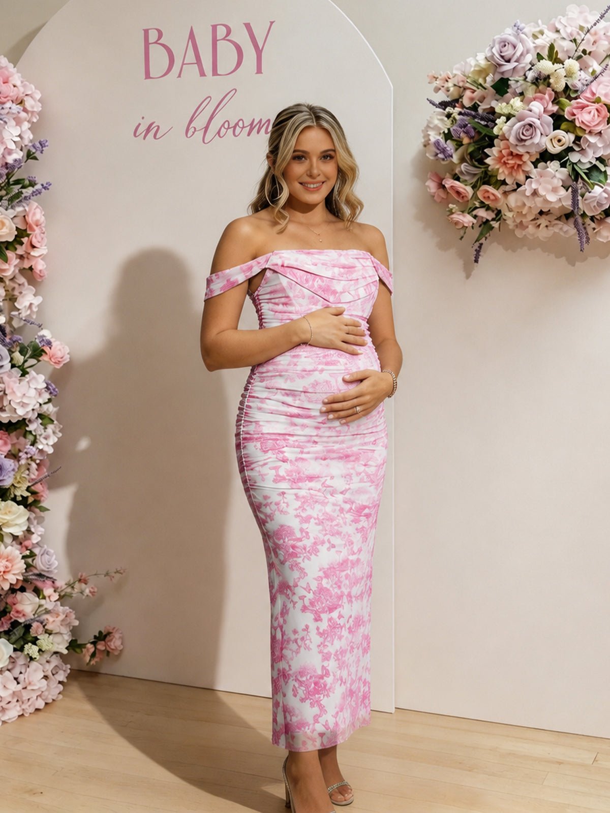 Floral Boning Ruched Mesh Off Shoulder Bodycon Maternity Maxi Dress