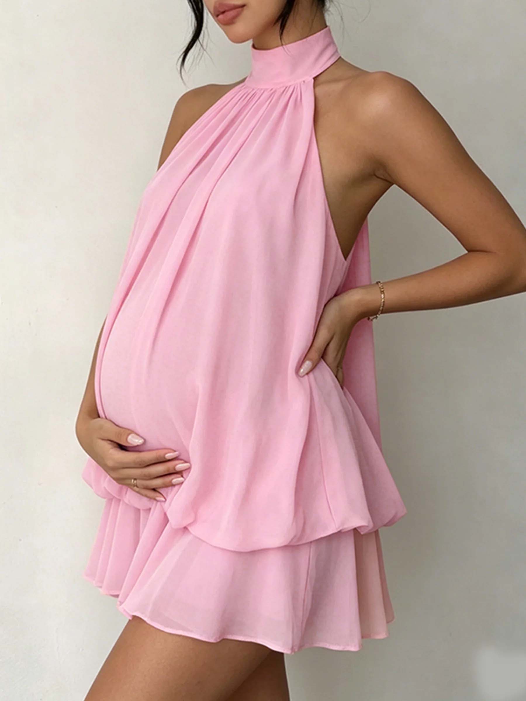Halter Neck Chiffon Lace-Up Peplum backless Maternity Mini Dress
