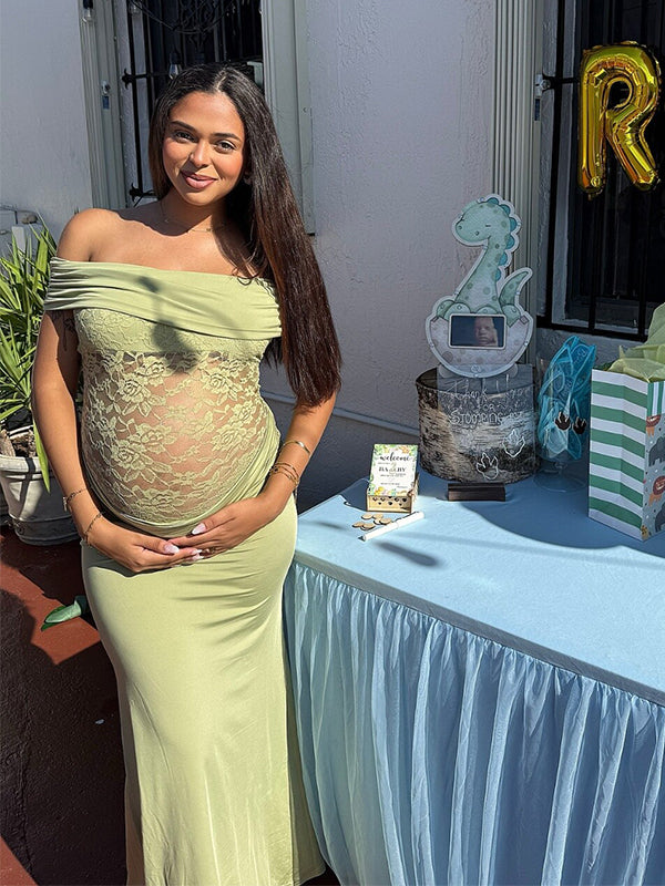 Momsmood Green Off Shoulder Lace Sheer Splicing Ruched Baby Shower Maternity Maxi Dress