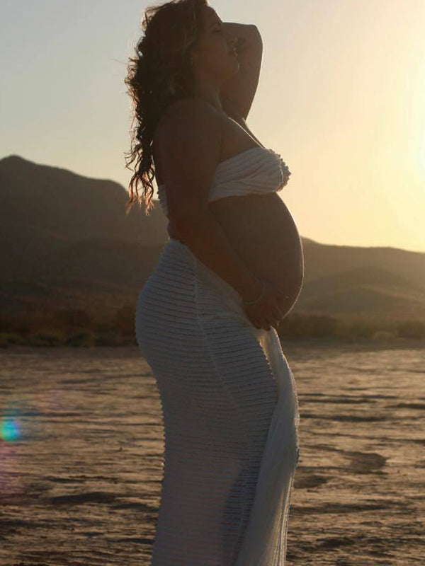 Momsmood White Cross Chest Bandeau Backless Lace Crop Front Draped 2-in-1 Lace-up Bodycon Baby Shower Maternity Maxi Dress