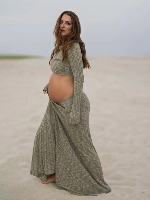 Momsmood Coffee 2-in-1 Knit Flowy Elegant Photoshoot Baby Shower Maternity Maxi Dress