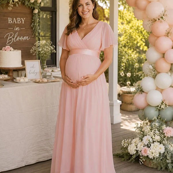 Elegant Pink Tulle Stretch Chiffon A-Line Flare Sleeve Maternity Maxi Dress
