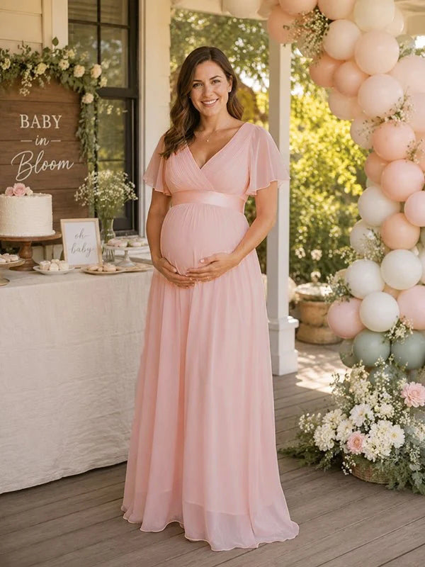 Elegant Pink Tulle Stretch Chiffon A-Line Flare Sleeve Maternity Maxi Dress