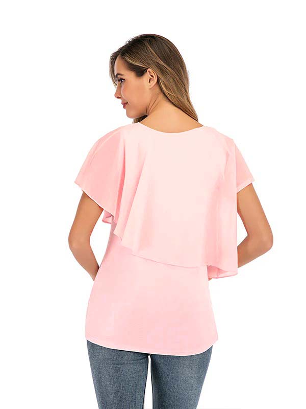 Momsmood Solid Color Chiffon Ruffle Falbala Round Neck Short Sleeve Breastfeeding T-shirt Basic Going Out Daily Maternity Nursing Top