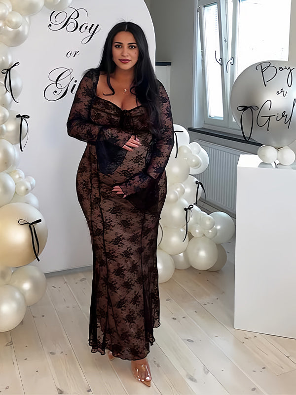 Momsmood Black Lace Bow Grenadine Flare Sleeve Mermaid Back Lace Up Photoshoot Baby Shower Maternity Maxi Dress
