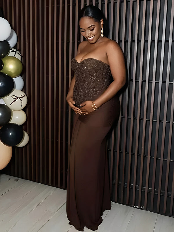 Momsmood Sequin Bandeau Ruched Knot Draped Bodycon Maternity Maxi Dress
