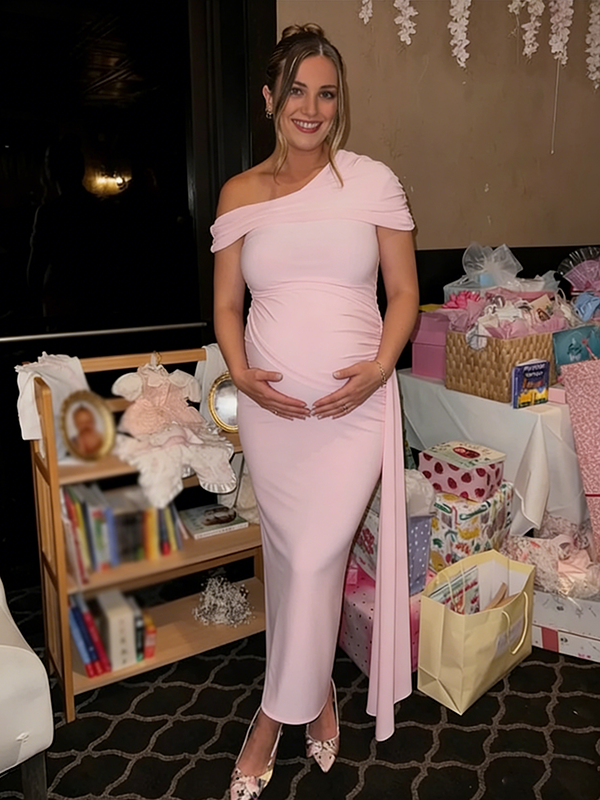Pink Off Shoulder Draped Maternity Maxi Dress