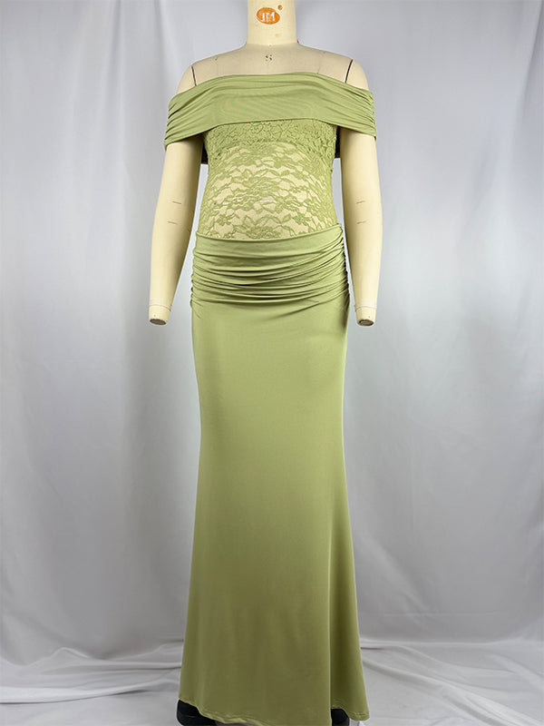 Momsmood Green Off Shoulder Lace Sheer Splicing Ruched Baby Shower Maternity Maxi Dress