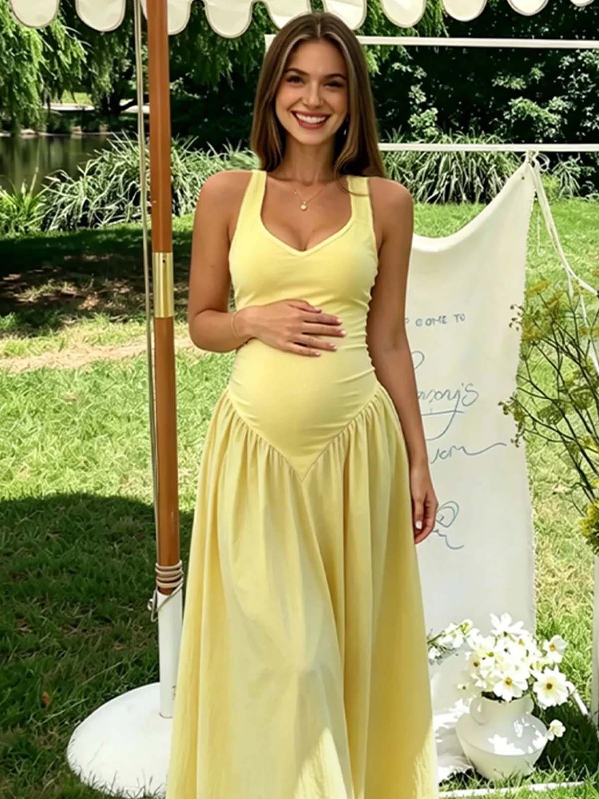 Yellow Halter Neck Backless Lace Up Ruffle Maternity Maxi Dress