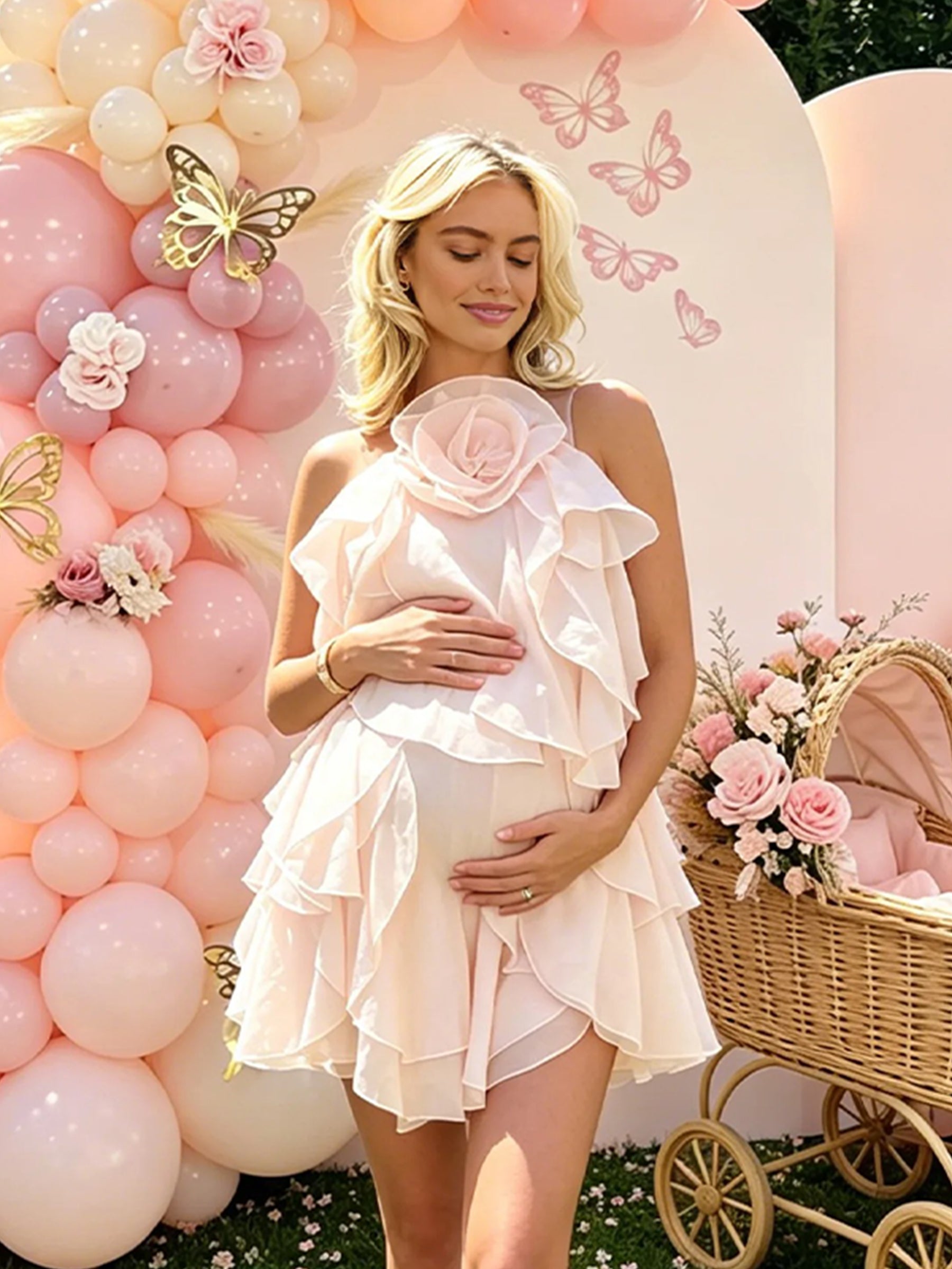 Momsmood 3D Flower Layered Ruffle Cami Backless Maternity Mini Dress