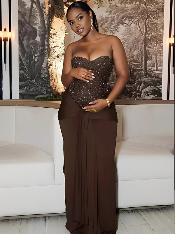 Momsmood Sequin Bandeau Ruched Knot Draped Bodycon Maternity Maxi Dress