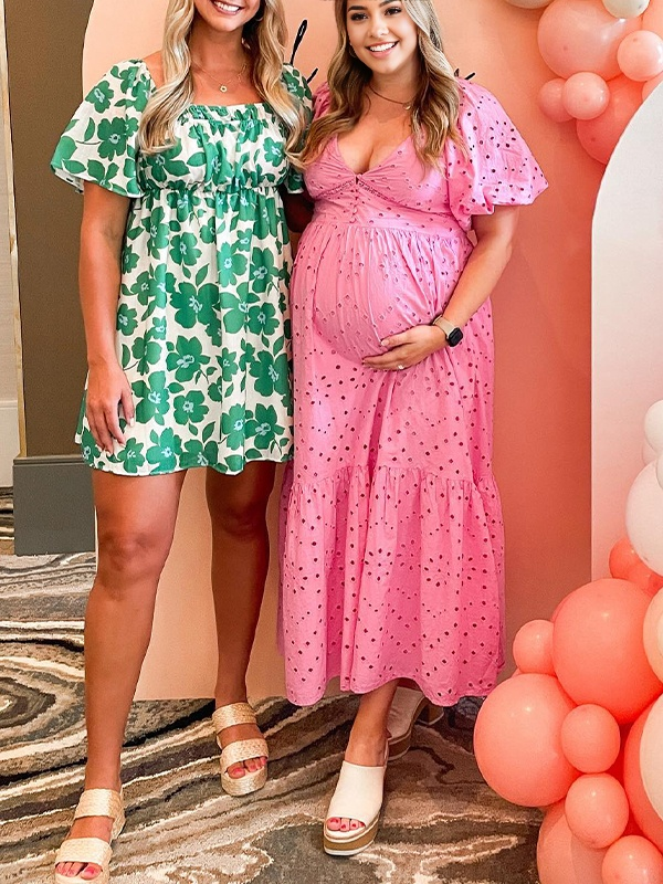 Momsmood Pink V neck Puff Sleeve Skeleton Buttons Vacation Party Baby Shower Maternity Photoshoot Maxi Dress