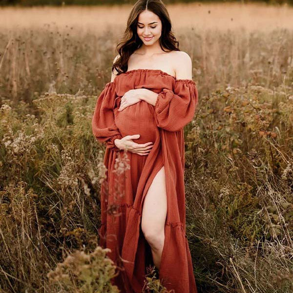 Momsmood Orange Off Shoulder Side Slit Ruffle Photoshoot Maternity Maxi Dress