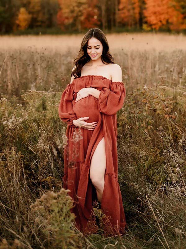 Momsmood Orange Off Shoulder Side Slit Ruffle Photoshoot Maternity Maxi Dress