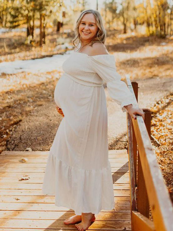 Momsmood White Ruffle Ruched High Waist Puff Sleeve Cute Photoshoot Maternity Maxi Dress