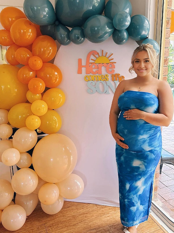 Momsmood Lake Blue Stamp Duty Side Slit Open Back Party Banquet Baby Shower Maternity Photoshoot Maxi Dress