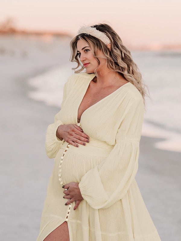 Momsmood Ivory White Single Breasted Open Front Big Swing Deep V-neck Robe Elegant Wedding Gown Maternity Boho Photoshoot Maxi Dress