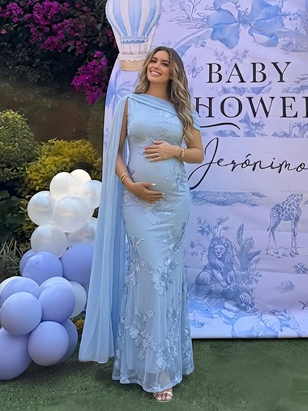 Embroidered One-shoulder Mesh Floral Shoulder Streamer Bodycon Maternity Maxi Dress