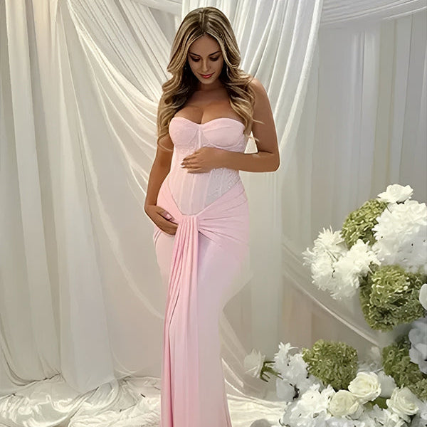 Momsmood Sequin Bandeau Ruched Knot Draped Bodycon Maternity Maxi Dress