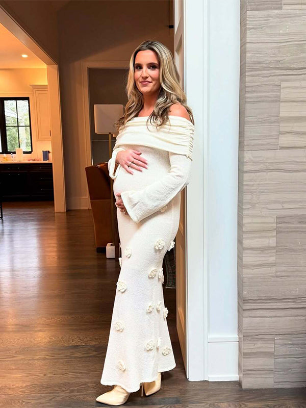 Momsmood White Off Shoulder 3D Flowers Knitting Backless Bodycon Mermaid Cocktail Party Gowns Bandage Photoshoot Maternity Maxi Dress