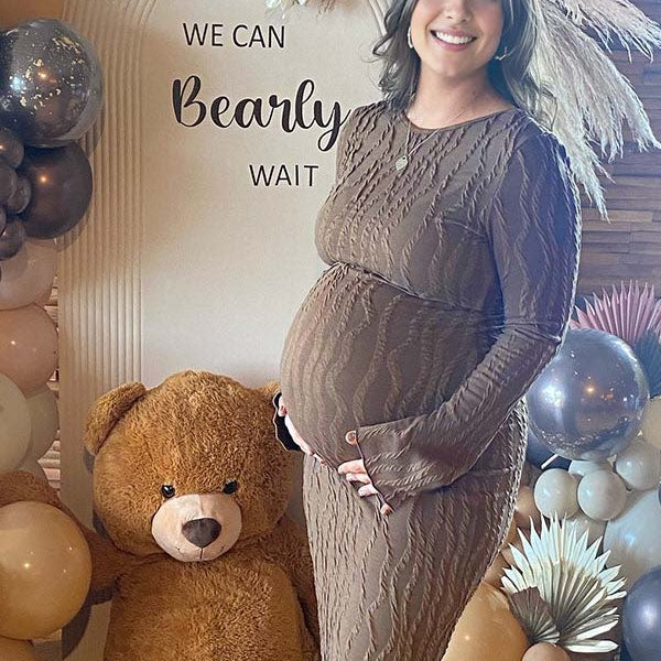 Momsmood Coffee Side Slit Thread Maternity Baby Shower Maxi Dress