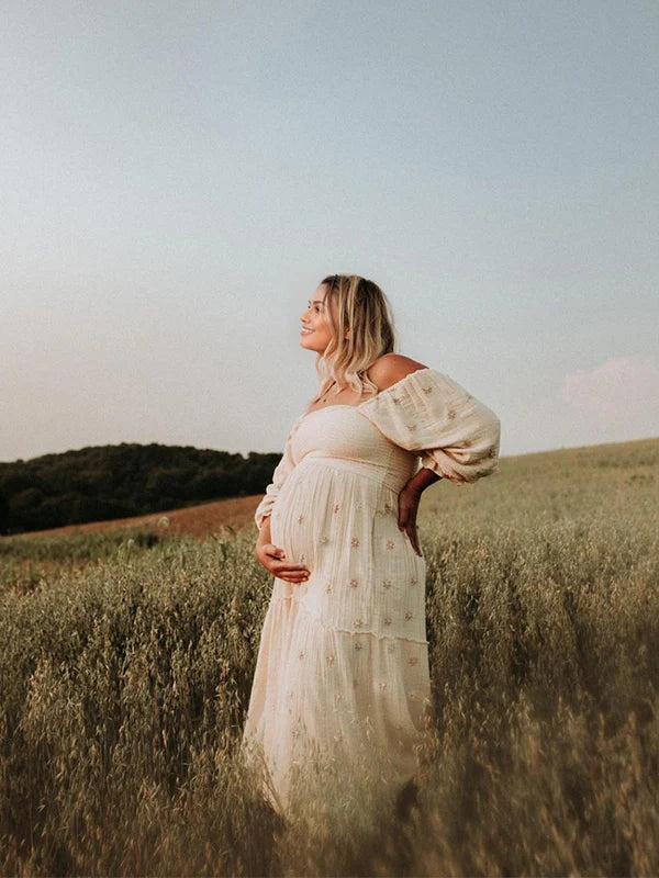 Momsmood Apricot Daisy Print Smocked Off Shoulder Ruffle Big Swing Elegant Vacation Maternity Photoshoot Baby Shower Party Maxi Dress