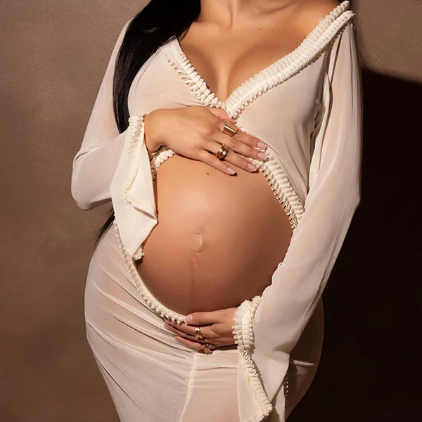 Momsmood White Ruffle Cut Out Crop Irregular Split Sheer Vacation Dress Bodycon Photoshoot Maternity Maxi Dress