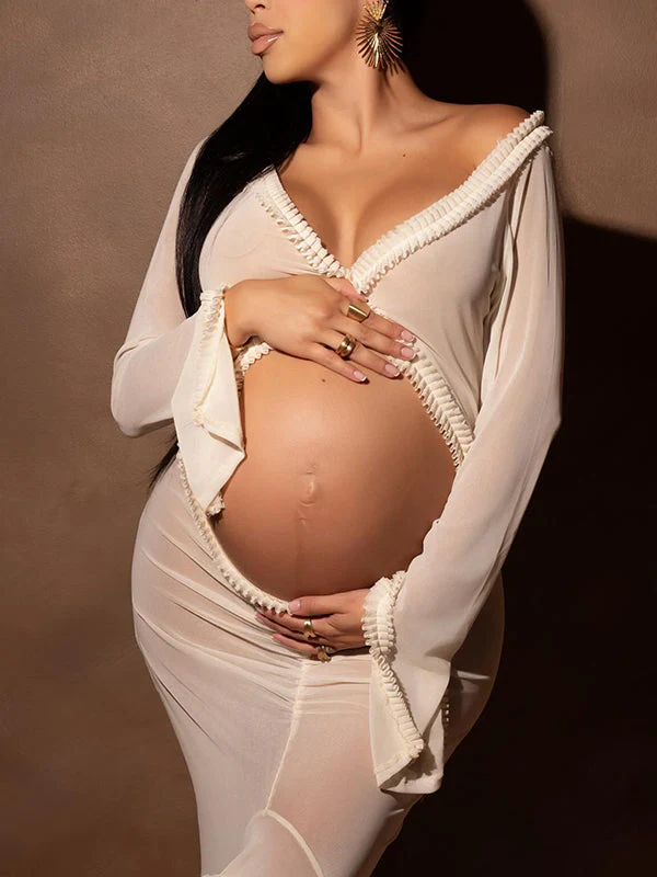 Momsmood White Ruffle Cut Out Crop Irregular Split Sheer Vacation Dress Bodycon Photoshoot Maternity Maxi Dress