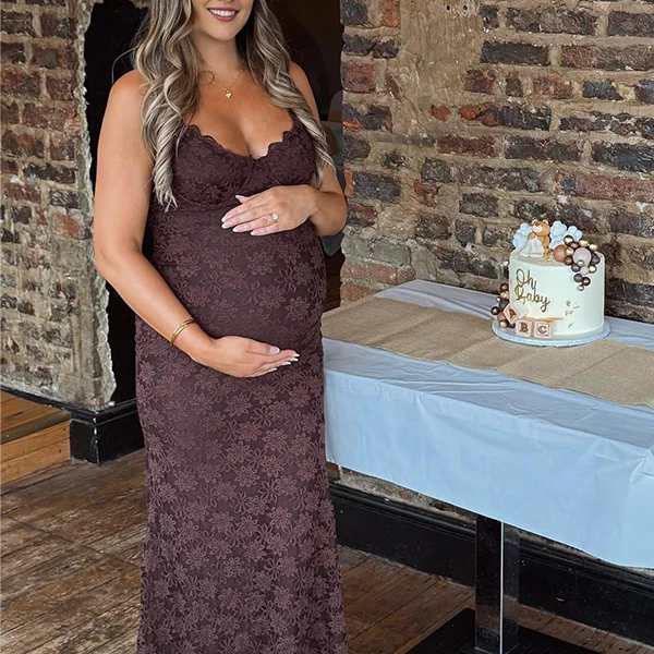 Momsmood Coffee Lace Hollow Out Cami V-neck Maternity Maxi Dress