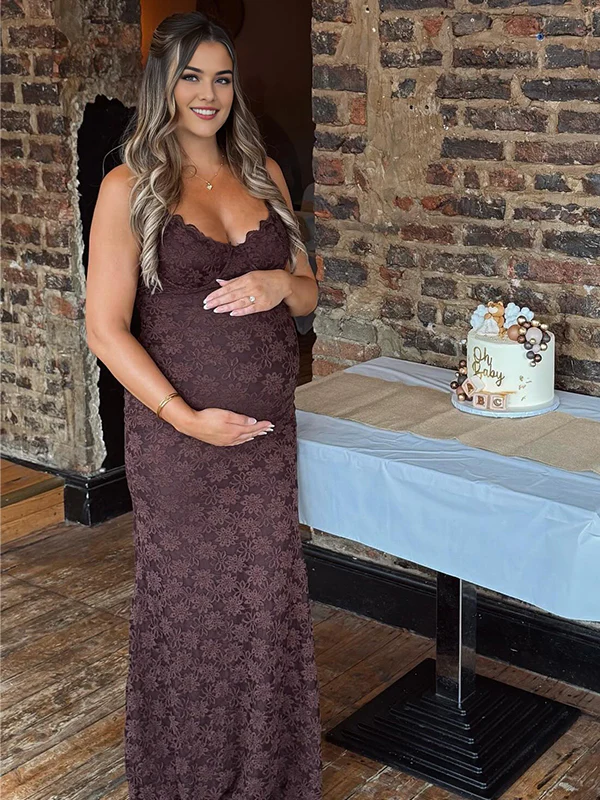 Momsmood Coffee Lace Hollow Out Cami V-neck Maternity Maxi Dress