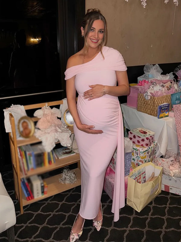Pink Off Shoulder Draped Maternity Maxi Dress