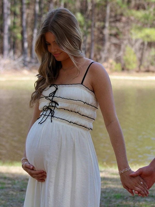 Momsmood  White lace-up Spaghetti Strap Splicing Party Vacation Party Baby Shower Maternity Photoshoot Maxi Dress