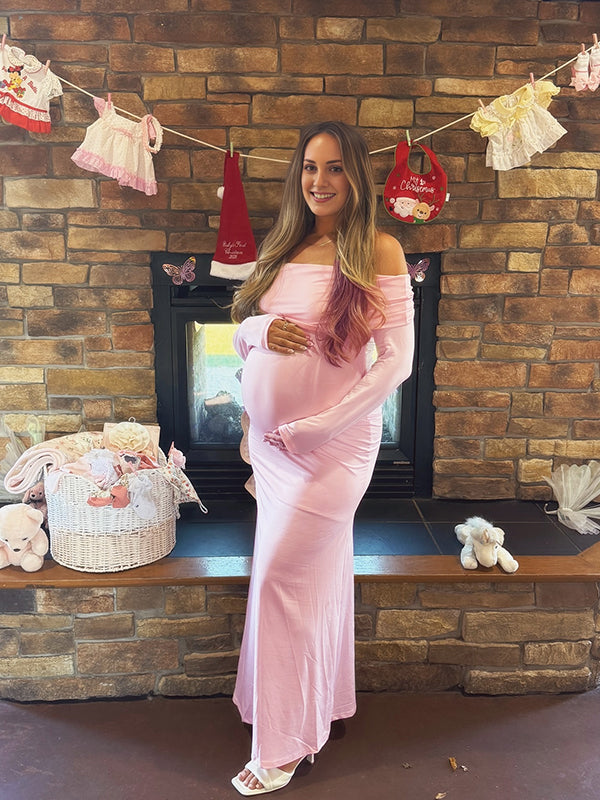 Momsmood Pink Off Shoulder Open Back Maternity Baby Shower Maxi Dress