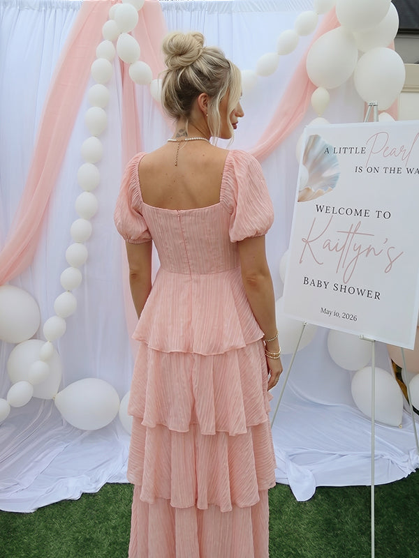 Romantic Tiered Ruffle Square Neck Puff Sleeve Maternity Maxi Dress