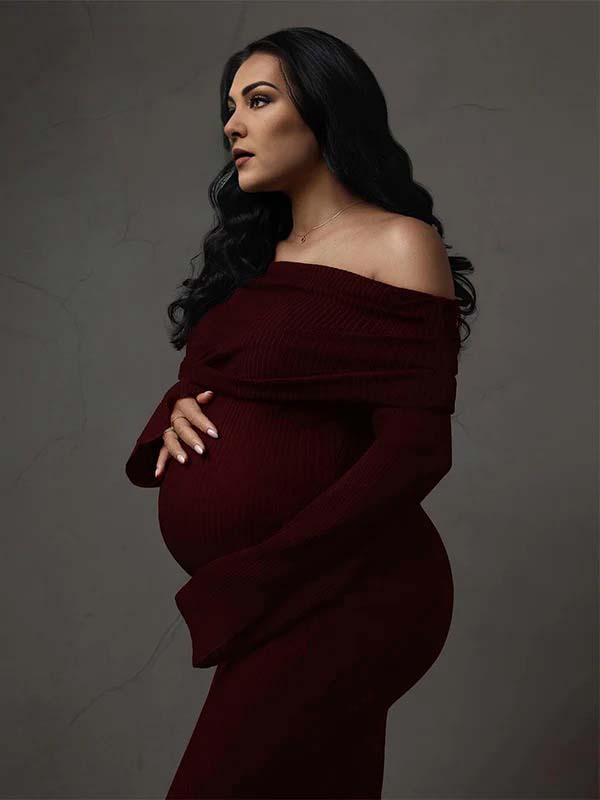 Momsmood Maroon Off Shoulder Solid Color Flare Sleeve Bodycon Elegant Photoshoot Baby Shower Maternity Maxi Dress